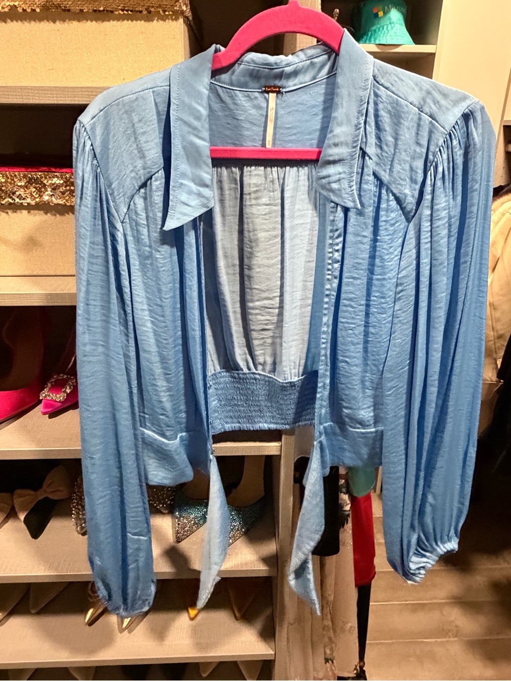 Free People Powder Blue Peasant Top with Pink Trim